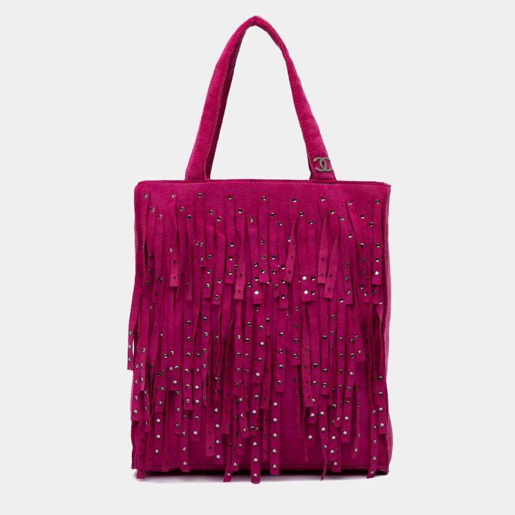 Pre Owned Chanel Pink Mini Suede Studded Fringe Tote