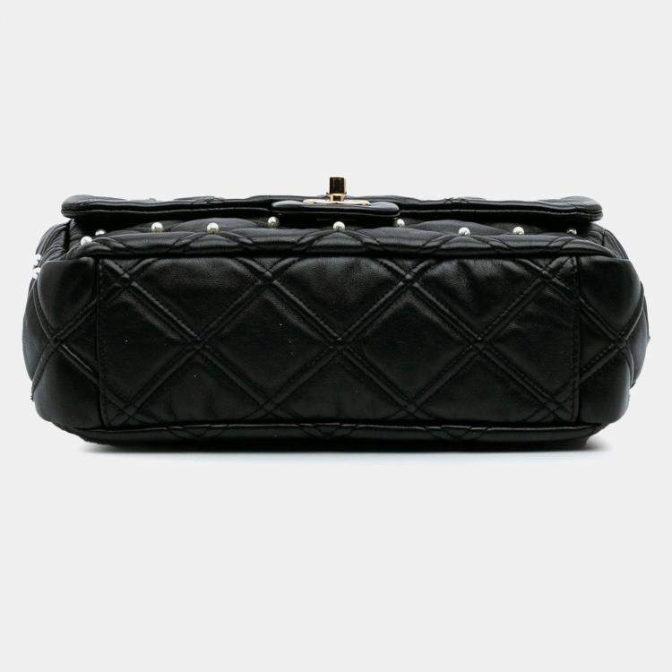 Pre Owned Chanel Medium Pearl Studs Flap Black Quilted Lambskin Shoulder Bag