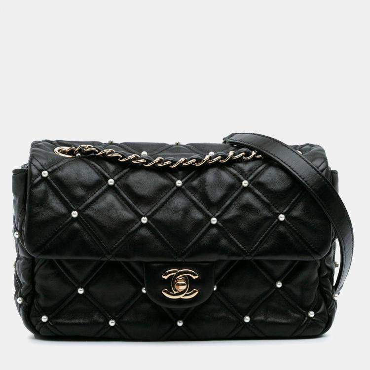 Pre Owned Chanel Medium Pearl Studs Flap Black Quilted Lambskin Shoulder Bag