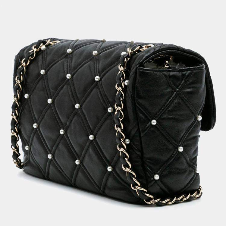 Pre Owned Chanel Medium Pearl Studs Flap Black Quilted Lambskin Shoulder Bag