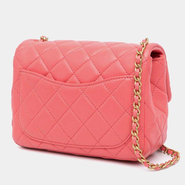 Pre Owned Chanel Classic Pearl Crush Single Flap Mini Square Lambskin Shoulder Bag