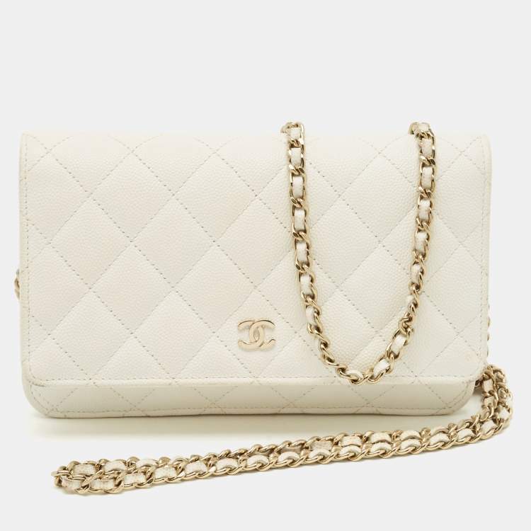 Pre Owned Chanel White Quilted Caviar Leather WOC Bag