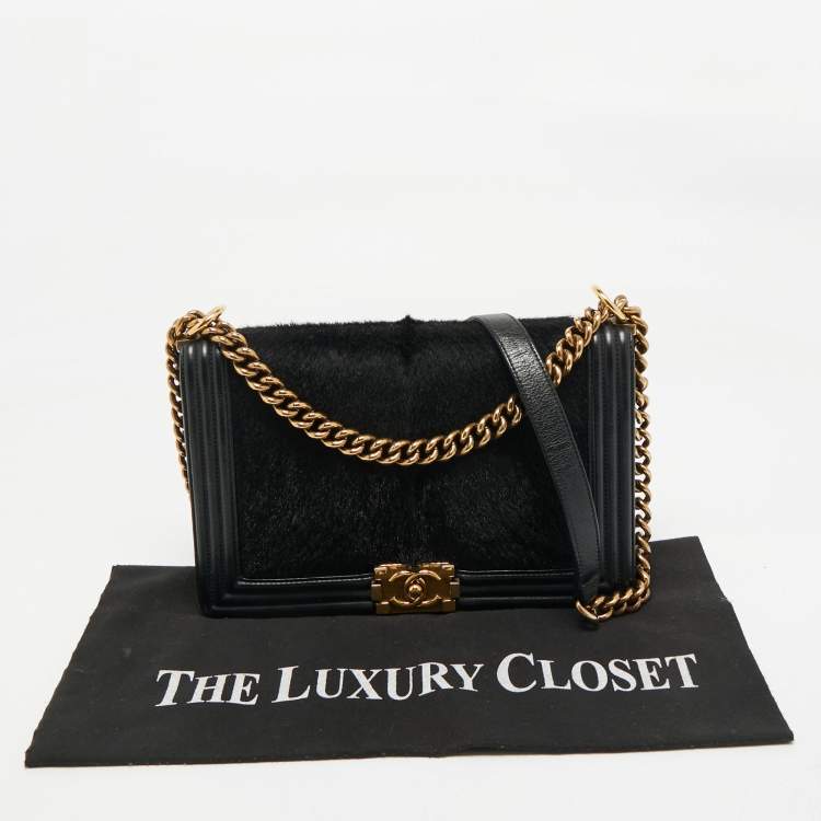 Pre Owned Chanel Black Calf Hair and Leather New Medium Boy Flap Bag