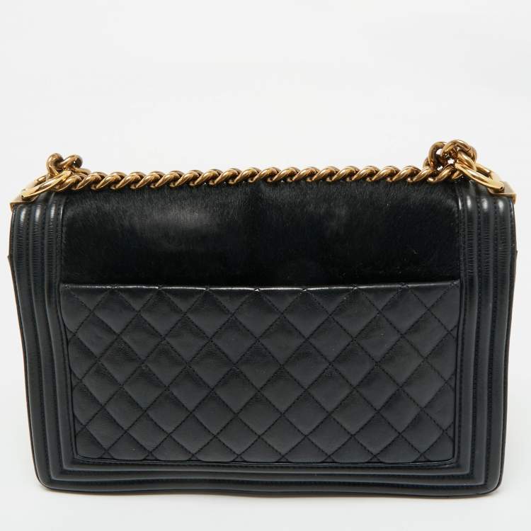 Pre Owned Chanel Black Calf Hair and Leather New Medium Boy Flap Bag