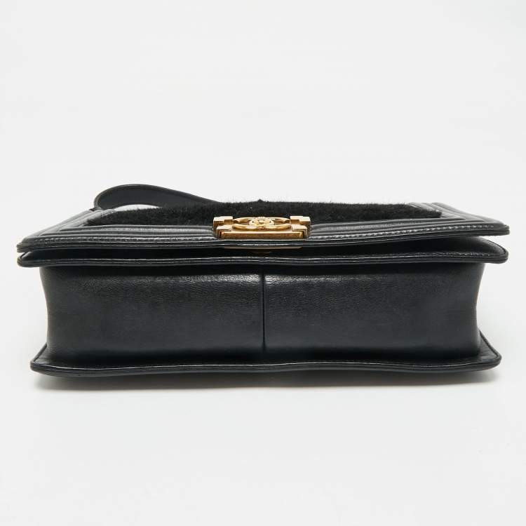 Pre Owned Chanel Black Calf Hair and Leather New Medium Boy Flap Bag