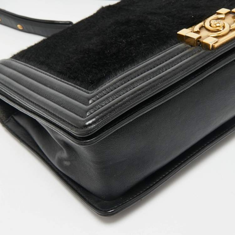 Pre Owned Chanel Black Calf Hair and Leather New Medium Boy Flap Bag