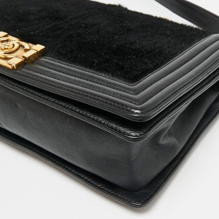 Pre Owned Chanel Black Calf Hair and Leather New Medium Boy Flap Bag