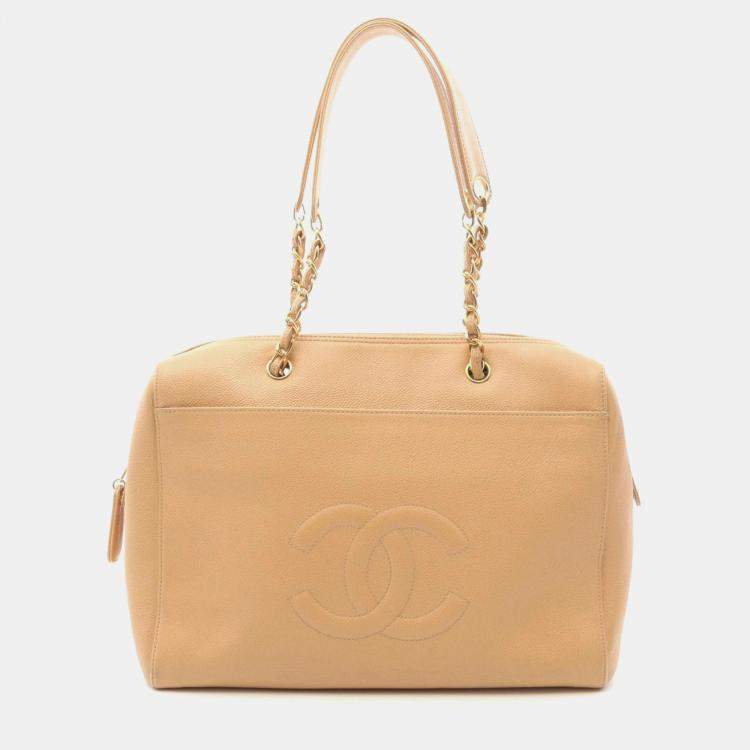 Pre Owned Chanel Coco Mark Beige Calfskin Tote Bag
