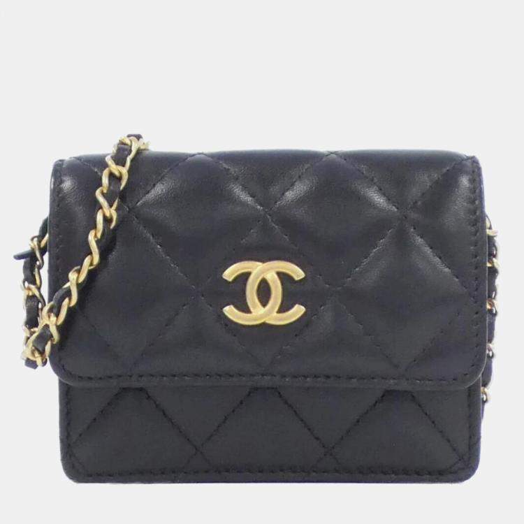 Pre Owned Chanel Business CC Black Leather Card Holder On Chain
