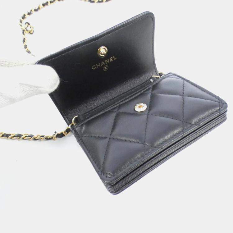 Pre Owned Chanel Business CC Black Leather Card Holder On Chain
