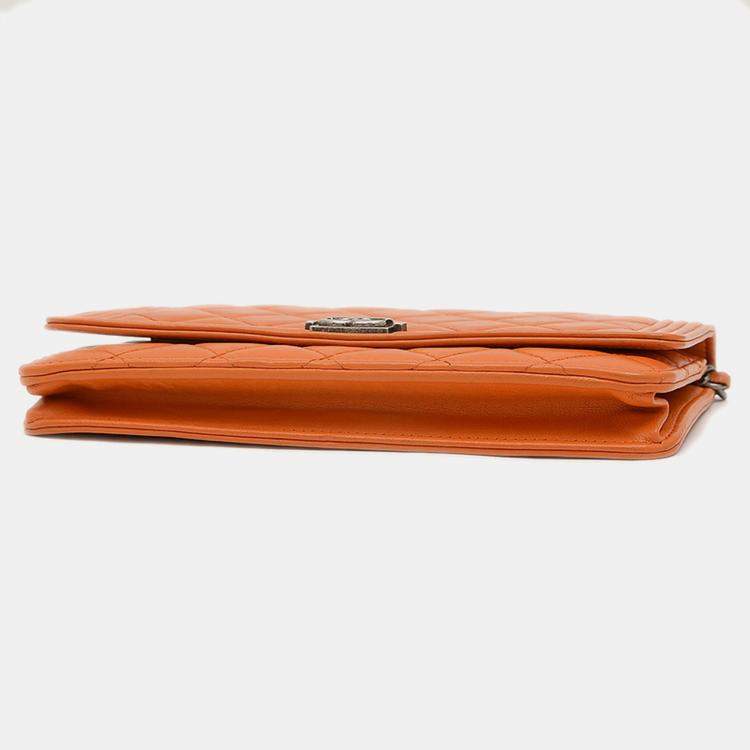 Pre Owned Chanel Boy Orange Lambskin Wallet On Chain