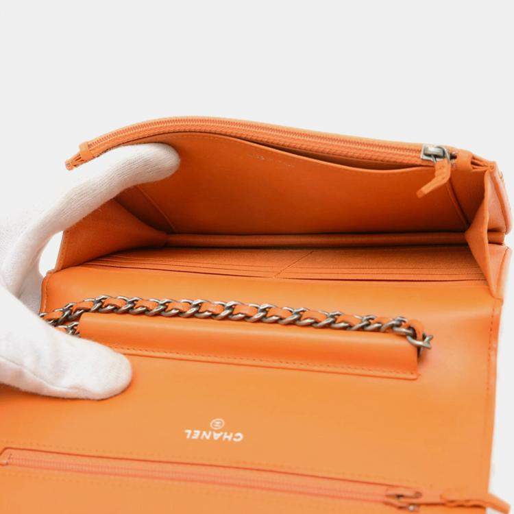Pre Owned Chanel Boy Orange Lambskin Wallet On Chain