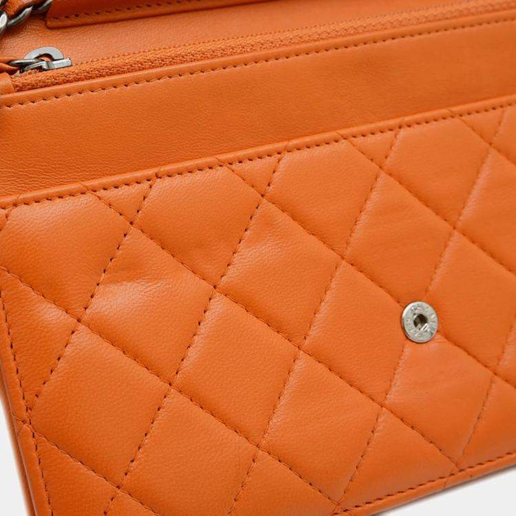 Pre Owned Chanel Boy Orange Lambskin Wallet On Chain