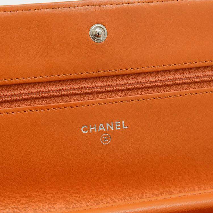 Pre Owned Chanel Boy Orange Lambskin Wallet On Chain