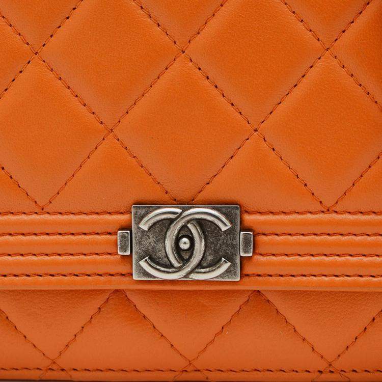 Pre Owned Chanel Boy Orange Lambskin Wallet On Chain