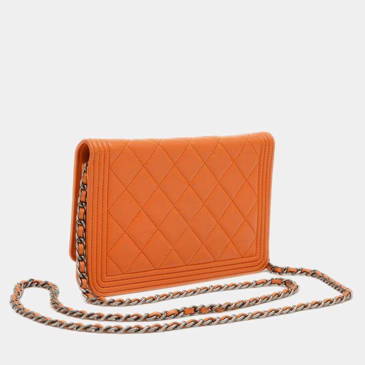 Pre Owned Chanel Boy Orange Lambskin Wallet On Chain