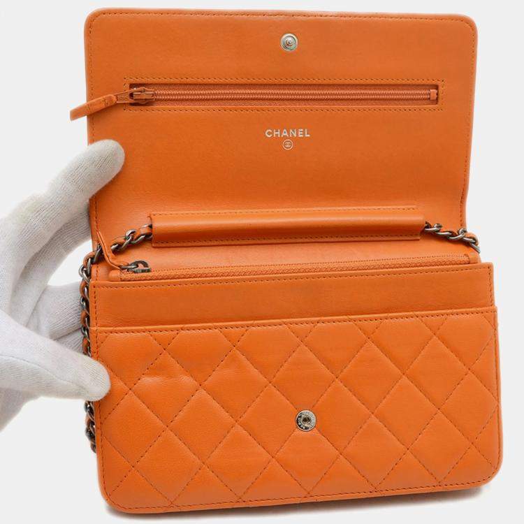 Pre Owned Chanel Boy Orange Lambskin Wallet On Chain