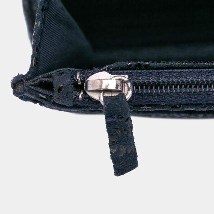 Pre Owned Chanel Blue Lace Overlay Goatskin Wallet On Chain