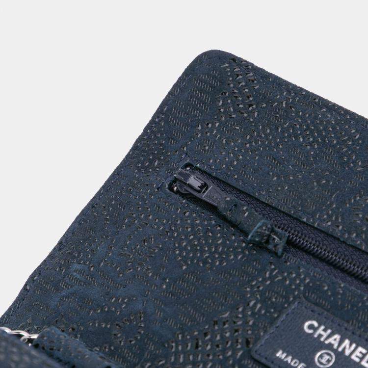 Pre Owned Chanel Blue Lace Overlay Goatskin Wallet On Chain