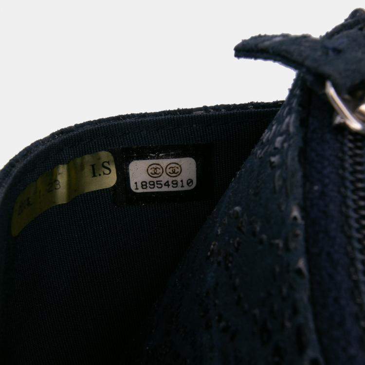 Pre Owned Chanel Blue Lace Overlay Goatskin Wallet On Chain