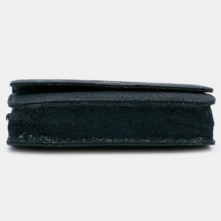 Pre Owned Chanel Blue Lace Overlay Goatskin Wallet On Chain