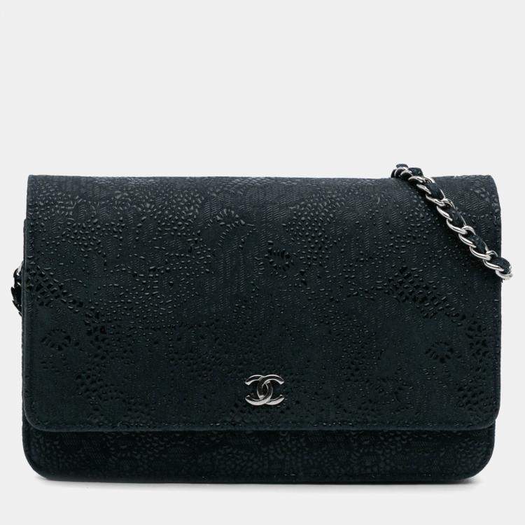 Pre Owned Chanel Blue Lace Overlay Goatskin Wallet On Chain