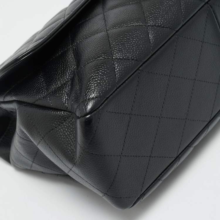 Pre Owned Chanel Black Quilted Caviar Leather Jumbo Classic Single Flap Bag