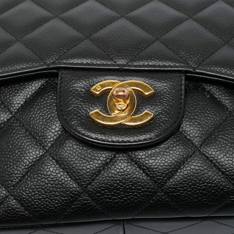 Pre Owned Chanel Black Quilted Caviar Leather Jumbo Classic Single Flap Bag