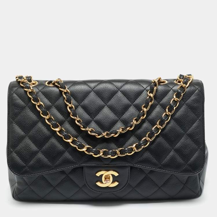Pre Owned Chanel Black Quilted Caviar Leather Jumbo Classic Single Flap Bag