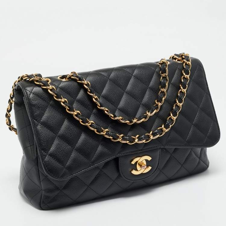 Pre Owned Chanel Black Quilted Caviar Leather Jumbo Classic Single Flap Bag