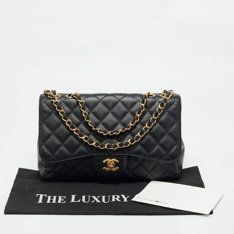 Pre Owned Chanel Black Quilted Caviar Leather Jumbo Classic Single Flap Bag
