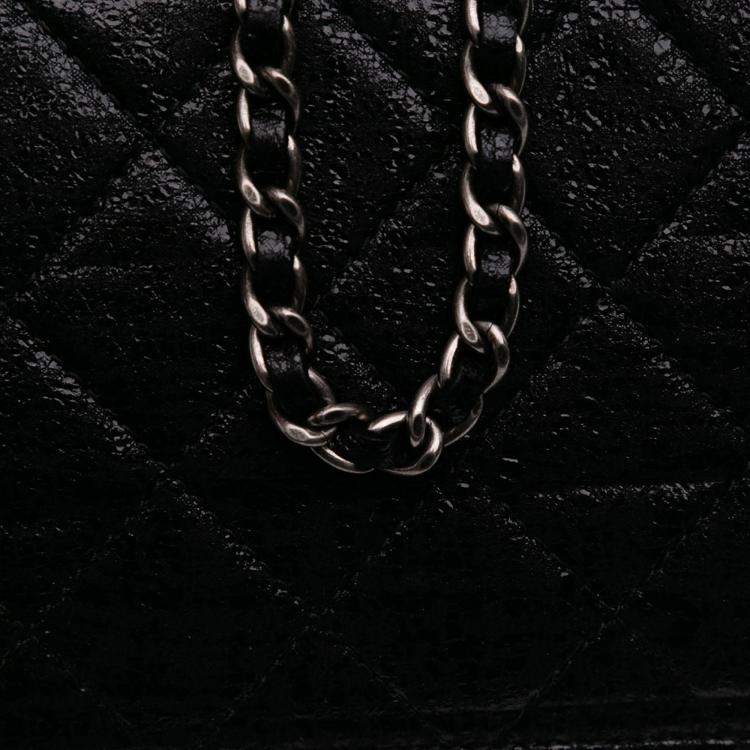 Pre Owned Chanel Black CC Quilted Crinkled Patent Wallet On Chain