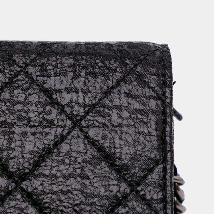 Pre Owned Chanel Black CC Quilted Crinkled Patent Wallet On Chain