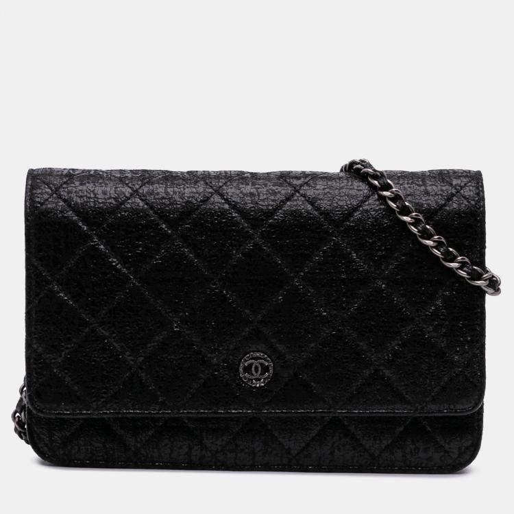 Pre Owned Chanel Black CC Quilted Crinkled Patent Wallet On Chain