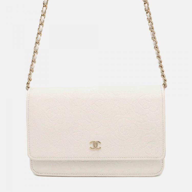 Pre Owned Chanel Camellia Chain Wallet Camellia Parts Chain White Caviar Leather