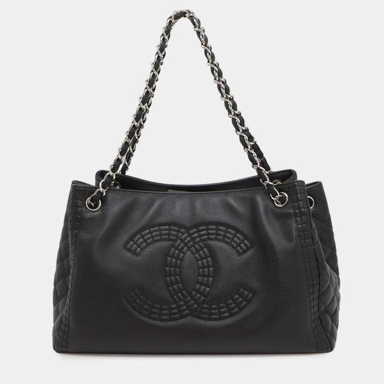 Pre Owned Chanel Cc Logo Matelasse Chain shoulder Tote Bag Black Lambskin
