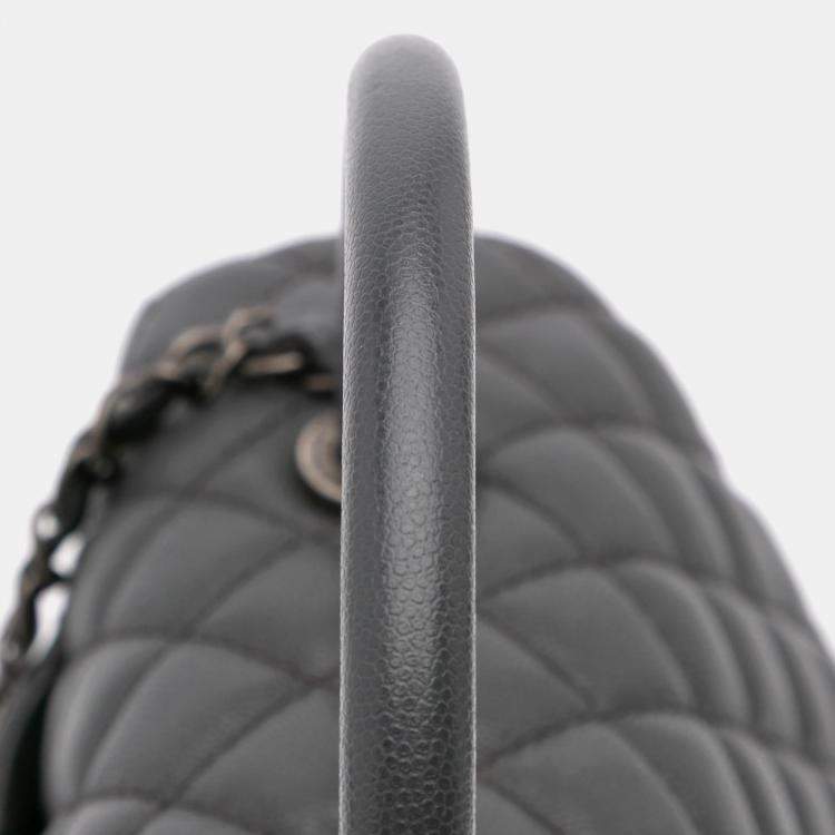 Pre Owned Chanel Grey Large Quilted Caviar Coco Top Handle Bag