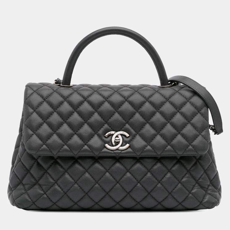 Pre Owned Chanel Grey Large Quilted Caviar Coco Top Handle Bag