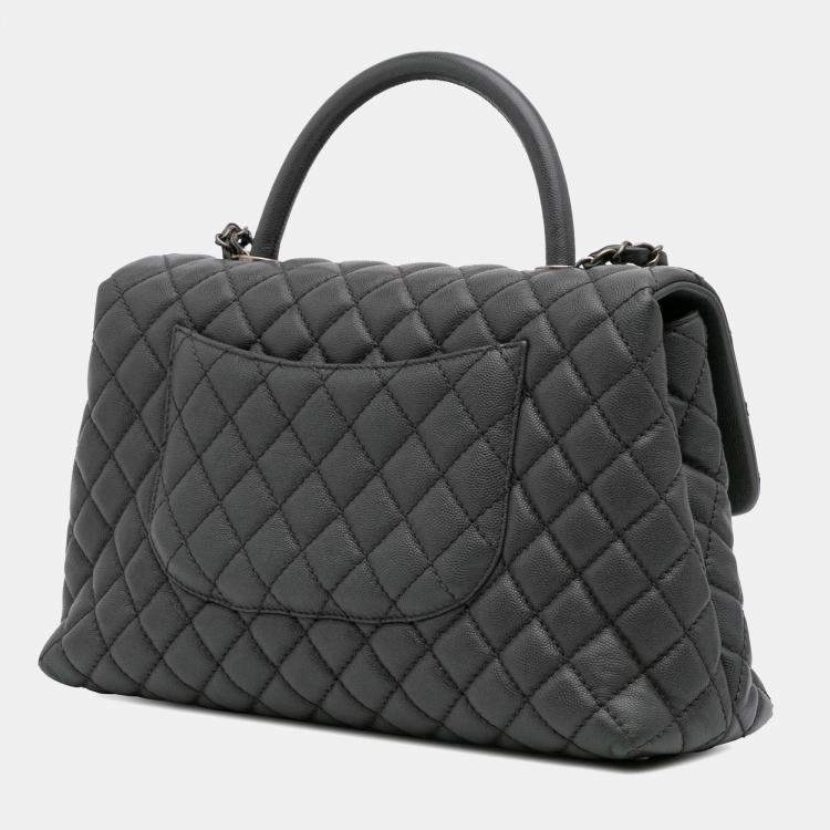 Pre Owned Chanel Grey Large Quilted Caviar Coco Top Handle Bag