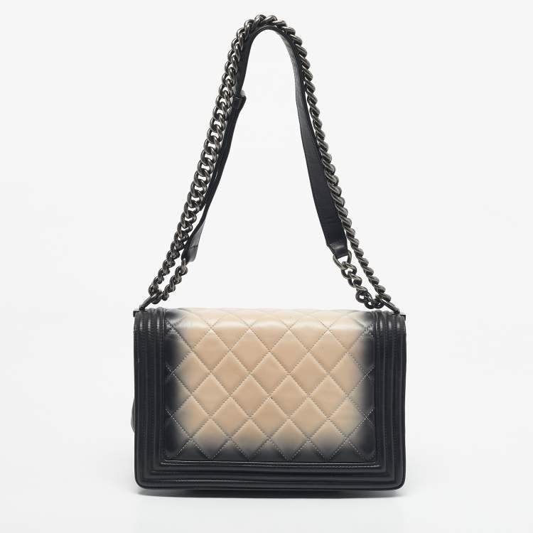 Pre Owned Chanel Black/Beige Quilted Leather New Medium Boy Flap Bag