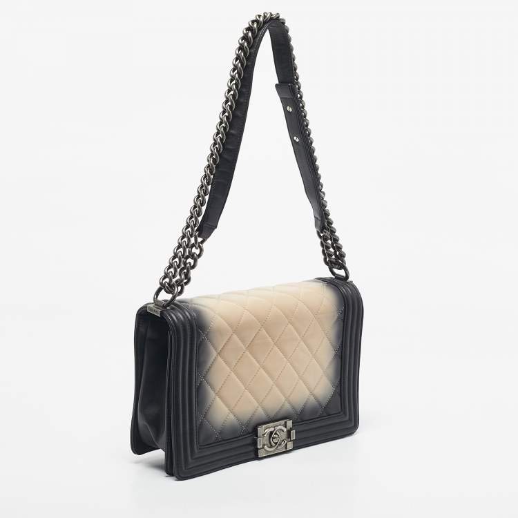 Pre Owned Chanel Black/Beige Quilted Leather New Medium Boy Flap Bag