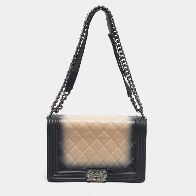 Pre Owned Chanel Black/Beige Quilted Leather New Medium Boy Flap Bag