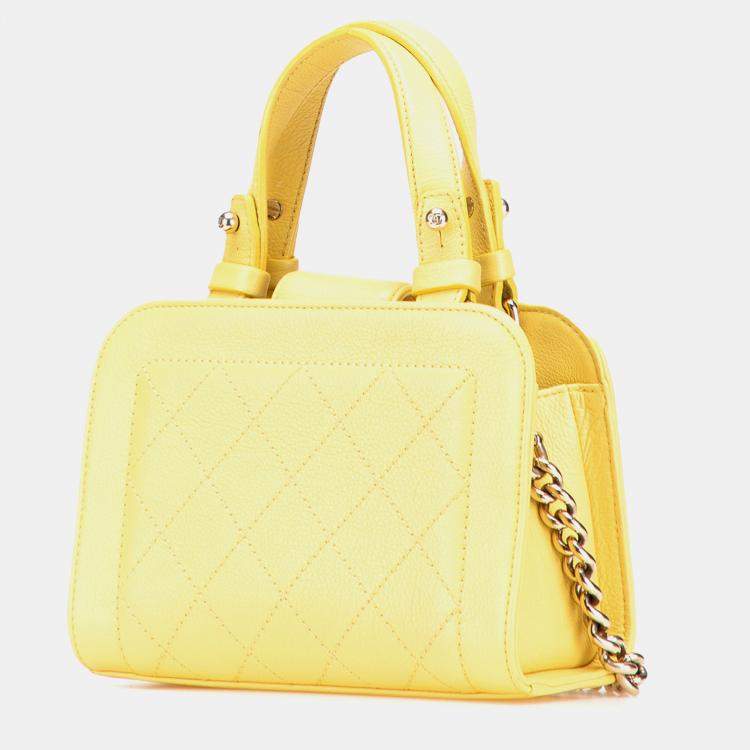 Pre Owned Chanel Yellow Mini Calfskin Label Click Shopping Tote