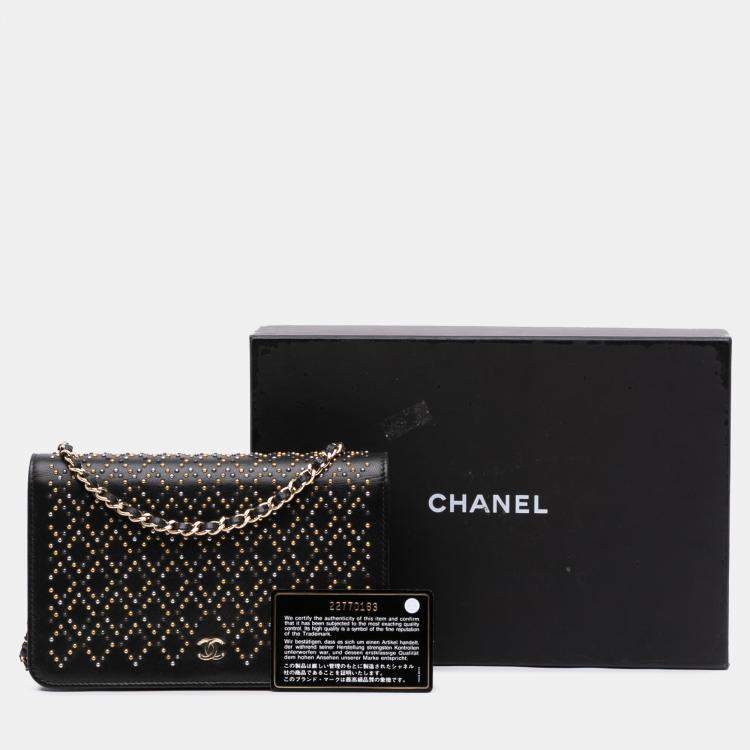 Pre Owned Chanel Black CC Studded Lambskin Wallet on Chain