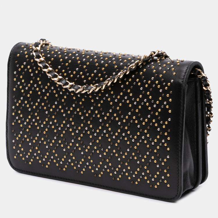 Pre Owned Chanel Black CC Studded Lambskin Wallet on Chain