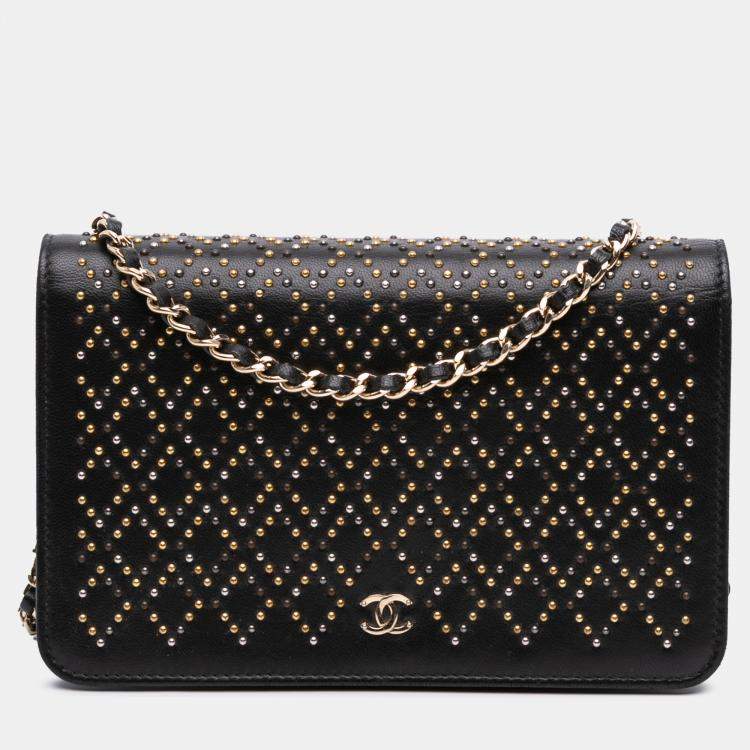 Pre Owned Chanel Black CC Studded Lambskin Wallet on Chain