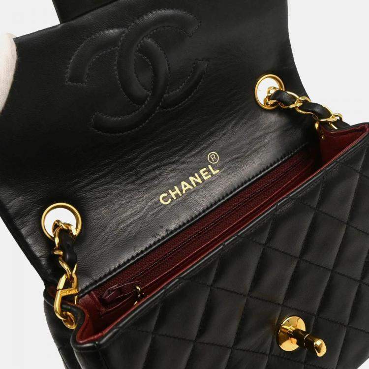 Pre Owned Chanel Mini Classic Square Flap Black Lambskin Shoulder Bag