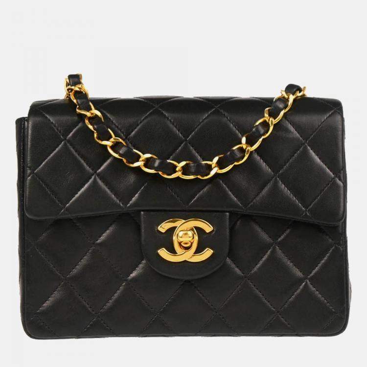 Pre Owned Chanel Mini Classic Square Flap Black Lambskin Shoulder Bag