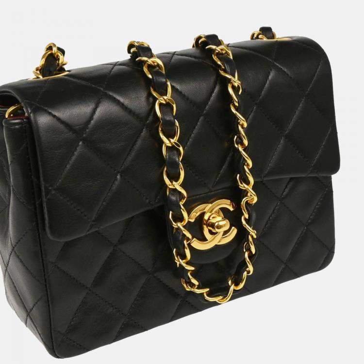 Pre Owned Chanel Mini Classic Square Flap Black Lambskin Shoulder Bag