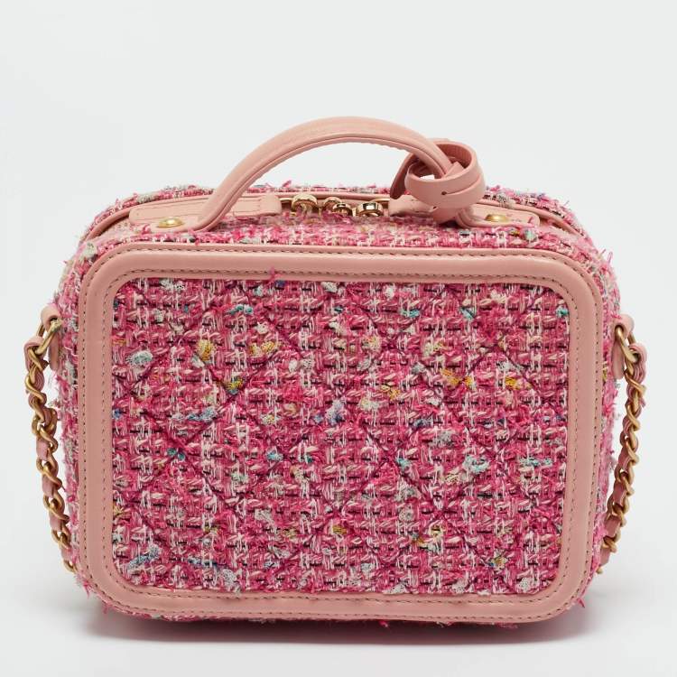 Pre Owned Chanel Pink Quilted Tweed and Leather Small CC Filigree Vanity Case Bag